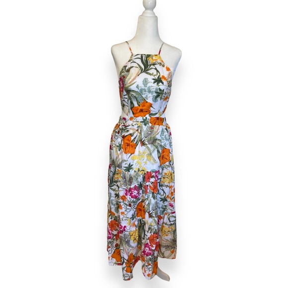 Chelsea & Violet Tropical Floral Print Tiered Midi Dress Linen Blend Tie Back - Picture 4 of 12